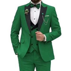 Men's green three-piece wedding suit with black peak lapel and double-breasted vest