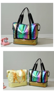 Iridescent travel bag with separate bottom compartment for shoes and wet items