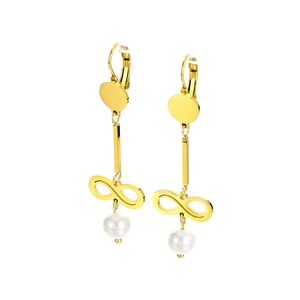 Elegant gold infinity bow earrings with long pearl tassel pendants on white background