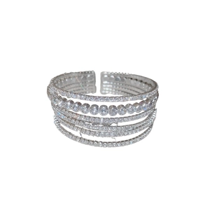 Elegant multi-layer silver cuff bracelet with micro-paved rhinestones and geometric design