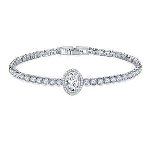 Silver water drop heart tennis bracelet with oval center stone and sparkling zircons