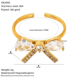 Detailed view of the 18K gold plated bow ring showing its 17mm inner diameter and dimensions