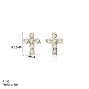 Detail view of 9.25mm cross moissanite stud earrings with precise weight and dimension specs