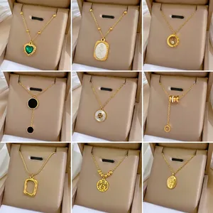 Nine styles of gold titanium steel choker necklaces with heart gems and floral pendants