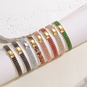 Detailed display of multi-row zircon tennis bracelets in eight vibrant assorted colors