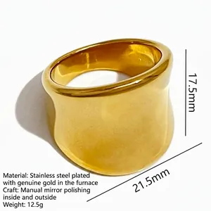 Minimalist wide mirror-polished 18K gold plated titanium steel irregular ring for women