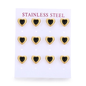 Set of 6 pairs of gold stainless steel stud earrings with black heart-shaped rhinestones