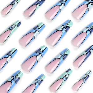 Extra long French ballet press-on nails with pink base and blue-green vine stitch design