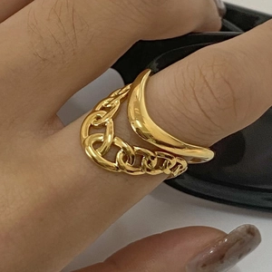 Minimalist double layer 18k gold plated stainless steel open ring worn on hand