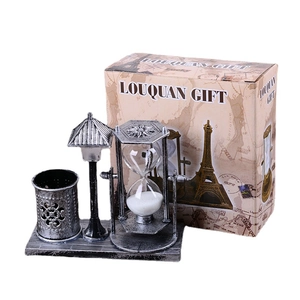 Vintage silver lighthouse hourglass and pen holder desk decor with gift box packaging