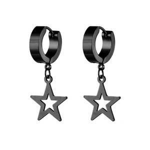 Macro shot of black stainless steel hoop earrings featuring hollow star-shaped pendants