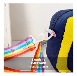 Detailed close-up of rainbow webbing strap and white plastic hardware on kids bag