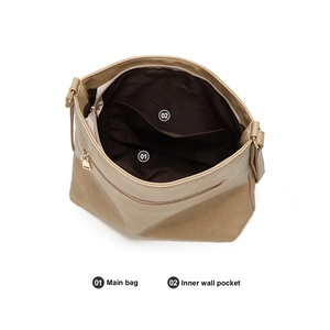 Internal view of khaki tote bag showing main compartment and inner wall pocket features