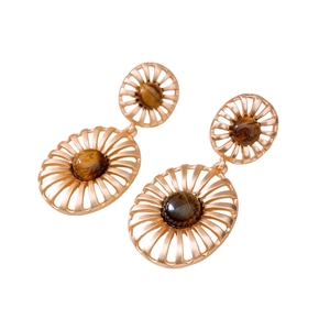 Retro hollow golden earrings with tiger eye stone inlays on a clean white background