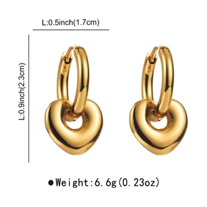 Polished gold heart drop earrings with detailed measurements of 2.3cm height and 6.6g weight