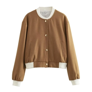 Y2K style brown and white patchwork cropped bomber jacket with metal button closure