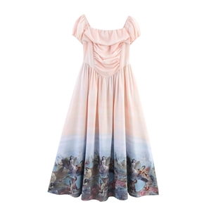 Vestito Lungo Con Stampa Angelo Pittura Ad Olio Rinascimentale Poliestere Smocking Scollo Quadrato Maniche A Sbuffo Vintage