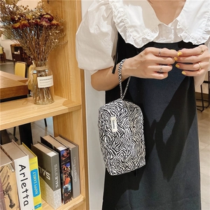 Gros plan d'une trousse à maquillage en toile à motif zébré tenue par une personne