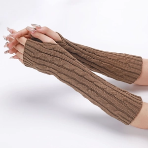 Detail of cable knit pattern on brown 30cm fingerless arm warmers for autumn and winter
