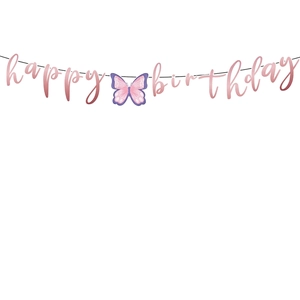 Pink metallic Happy Birthday banner with butterfly accent for party decoration