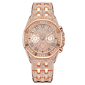 Men's rose gold steel watch with iced-out diamonds and Roman numerals dial