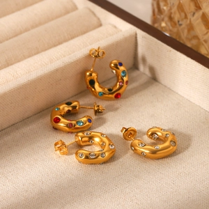 Golden C-shaped stainless steel earrings with colorful and white zircon inlay set