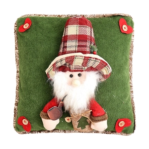 Christmas burlap pillowcase with Santa Claus in top hat and green festive embroidery