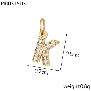 Detail view of gold letter K pendant with micro-pave crystals and size dimensions