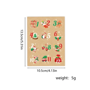 Detail view of 1-12 Christmas countdown calendar stickers with sizes on kraft paper
