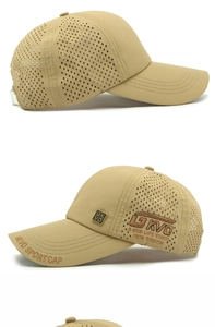 Detail showing laser-cut ventilation holes and GKVO sport embroidery on khaki baseball cap
