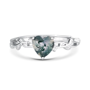 S925 sterling silver heart moss agate ring featuring vintage vine designs and zircons