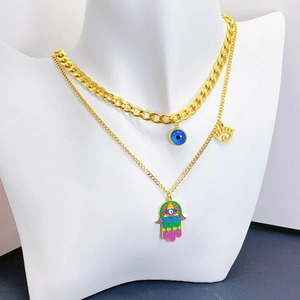 Bohemian Titanium Steel Hamsa Hand Evil Eye Jewelry Set For Women Colorful Enamel Double Layer Necklace Bracelet Earrings
