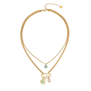 Double-layered gold stainless steel necklace with hexagram, fish, and turquoise beads