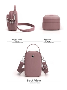 Detailed views of mauve nylon crossbody bag showing zippers and headphone port