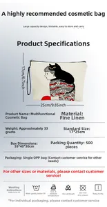 Macro view of beige linen makeup bag showing detailed line art and size dimensions