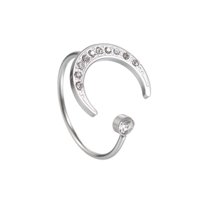 Minimalist silver moon and star open adjustable ring with zircon stones for women