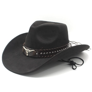 Black western cowboy hat with brown leather band and silver ox head stud on white background