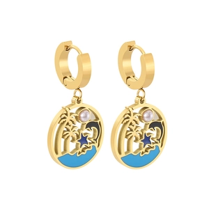 Golden stainless steel dolphin and coconut tree enamel earrings with white pearl accents