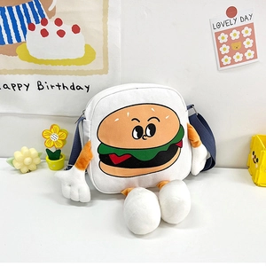 Close-up of canvas bag with 3D cartoon burger character and soft plush limbs detail