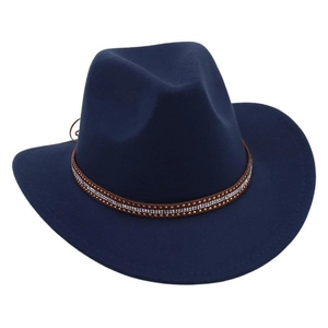 Detail of navy blue felt cowboy hat with rhinestone studded brown leather band