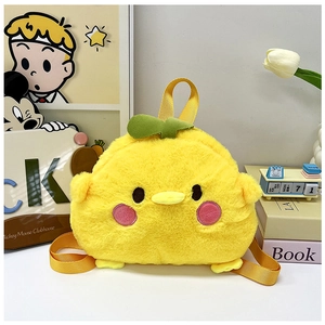 Detail of cute yellow plush chick backpack with green sprout and soft embroidery