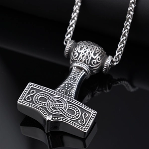 Silver Thor's Hammer Mjolnir necklace with Celtic knot engraving and wheat chain