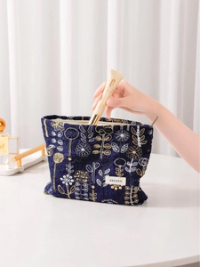 Floral embroidery velvet cosmetic bag in dark blue with large capacity for travel storage