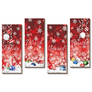 Christmas wooden wall plaques set of 4 featuring festive Relax Wash Unwind Breathe signs