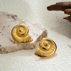 French style gold conch shell stud earrings with spiral texture for women