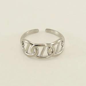 Macro shot of silver titanium steel chain link ring with adjustable open band design