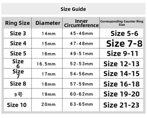 Size chart for triple layered gold ring showing diameter and circumference measurements