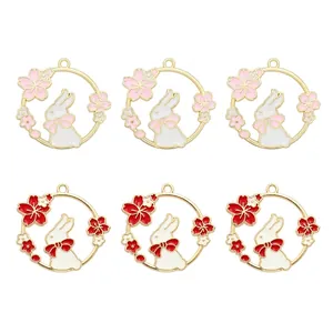 Cartoon rabbit and cherry blossom enamel charms in pink and red zinc alloy set