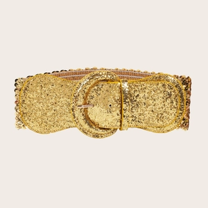 Elastic wide gold sequin belt for dresses and coats with round metallic buckle