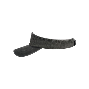 Detail of washed cotton sun visor with visible stitching and adjustable strap